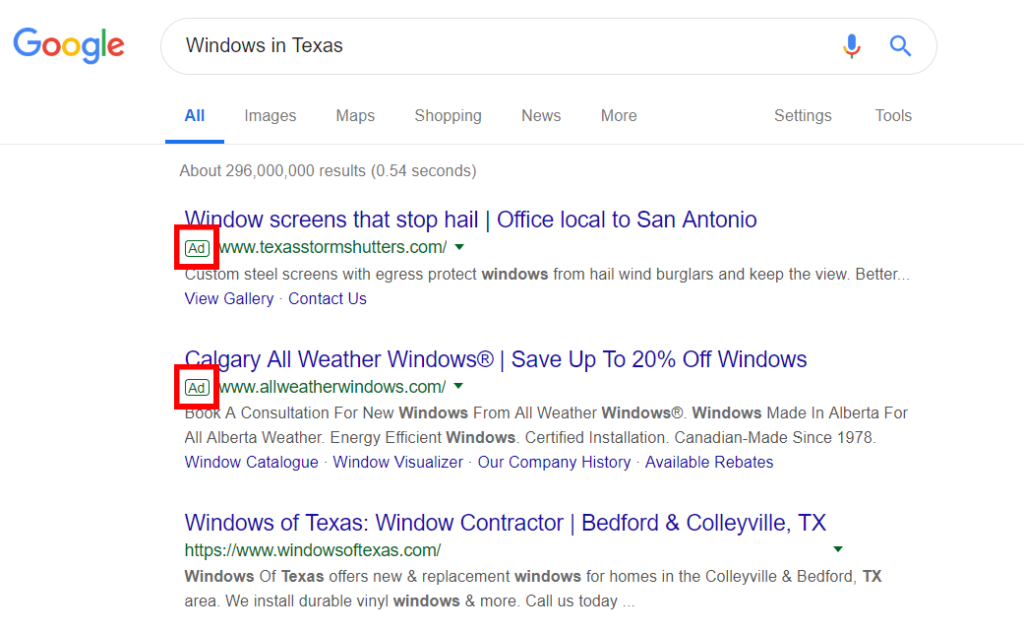 Google search ads pay per click advertising for building product companies example