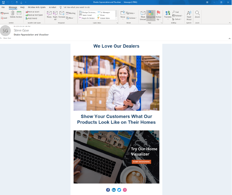 building product dealer promotion email with visualizer call to action