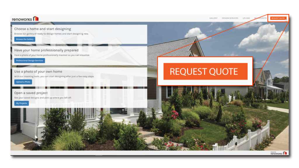 Renoworks call to action request a quote home visualizer interface for roofing, siding, windows, doors, trim, masonry and more