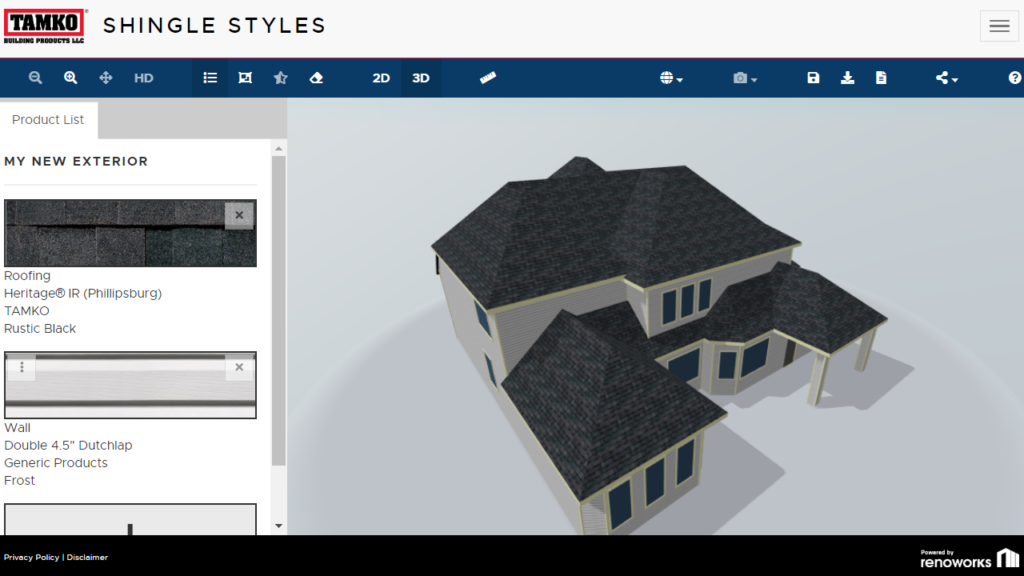 TAMKO Shingle Styles visualizer with 3D models and eagleview measurements