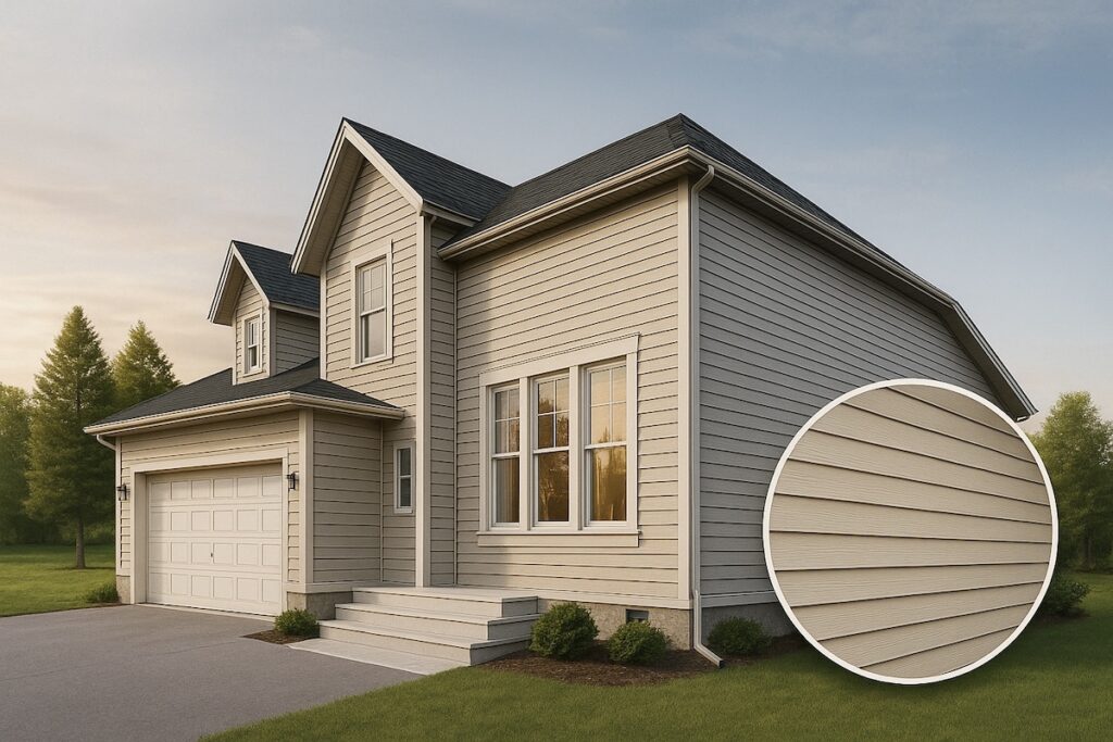 Modern two-story home with beige vinyl siding and detailed close-up of woodgrain texture under sunset lighting