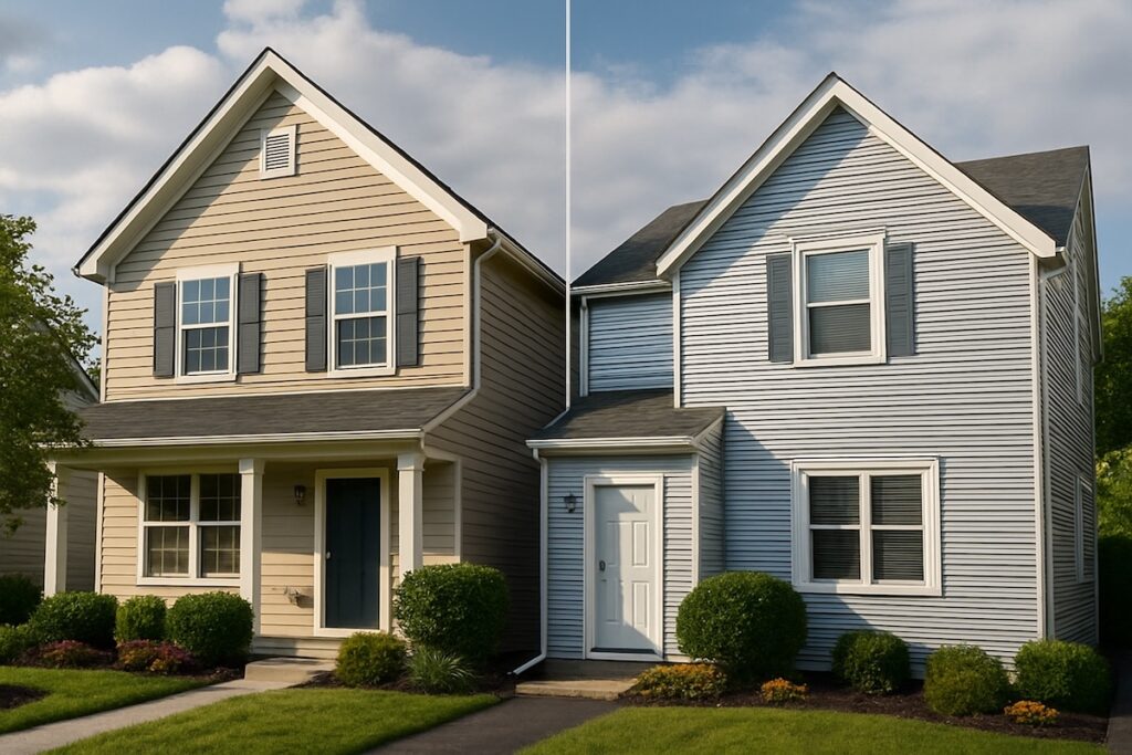 Two side-by-side suburban homes showcasing different siding types—beige vinyl siding on the left and silver aluminum siding on the right—under a partly cloudy sky with landscaped front yards.