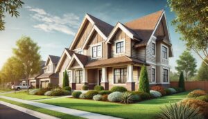 A modern beige house with a brown shingle roof and white trim, surrounded by greenery under a clear sky – ideal siding color inspiration for brown roofs.