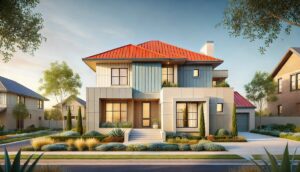 Modern home with an orange roof and a mix of beige, sage green, gray, and muted blue exterior paint colors, surrounded by landscaping under a clear blue sky.