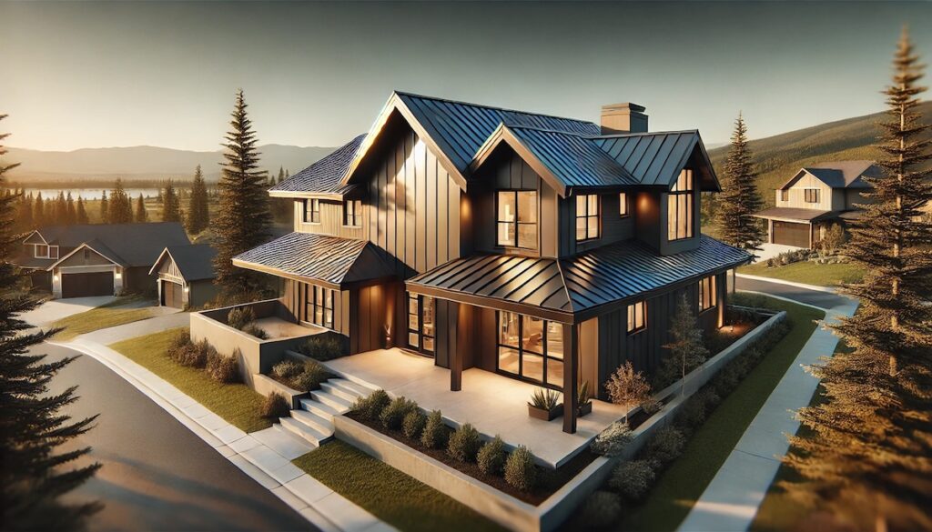 Modern home with a sleek standing seam metal roof in charcoal, surrounded by minimalist landscaping and scenic natural background.