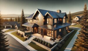 Modern home with a sleek standing seam metal roof in charcoal, surrounded by minimalist landscaping and scenic natural background.