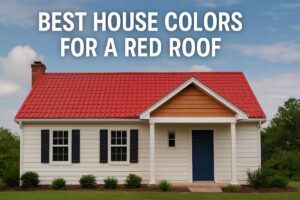 A stylish suburban home with a vibrant red roof, neutral exterior walls, wood accents, and a navy blue front door, surrounded by a lush garden and under a partly cloudy sky. Text overlay reads: “Best House Colors for a Red Roof.