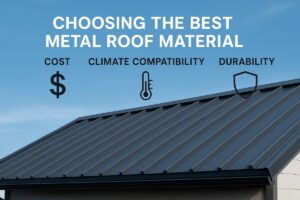 Dark gray standing seam metal roof under blue sky with infographic icons highlighting cost, climate compatibility, and durability for choosing the best metal roof material.