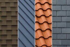 Row of suburban homes each featuring a different roofing material: asphalt shingles, standing seam metal, terracotta tile, and slate, under a clear sky with trees in the background.