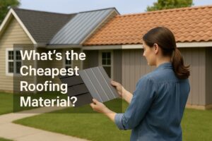 A woman compares asphalt shingles and metal roofing samples in front of a house with asphalt, metal, and clay tile roofs, with text overlay reading 'What's the Cheapest Roofing Material?' for a roofing blog article