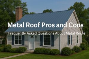 A modern suburban home with a blue-gray metal roof, surrounded by greenery and a clear sky, showcasing a realistic and attractive residential roofing option.