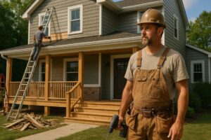 A construction worker in brown overalls and a hard hat stands confidently holding a power drill in front of a partially renovated home with new siding and a wooden porch, while another worker installs siding from a ladder.