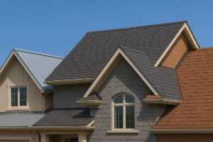 A modern suburban house showcasing three distinct roofing materials—light gray standing seam metal panels, dark gray asphalt shingles, and reddish-brown wooden shake shingles—under a clear blue sky, illustrating options for diverse roof styles and textures.