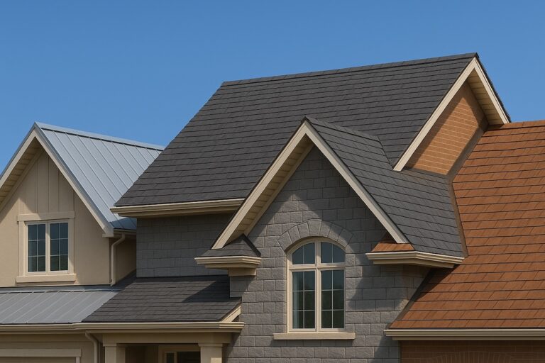 A modern suburban house showcasing three distinct roofing materials—light gray standing seam metal panels, dark gray asphalt shingles, and reddish-brown wooden shake shingles—under a clear blue sky, illustrating options for diverse roof styles and textures.