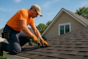 Photorealistic image of a roofing contractor installing shingles on a suburban home under a clear blue sky, conveying professionalism and trust.