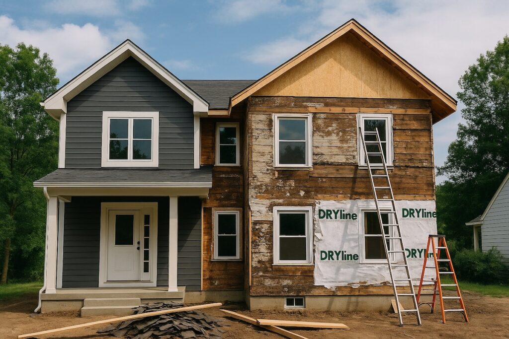 Two-story suburban house mid-renovation with one side finished in gray vinyl siding and the other side showing exposed wood, house wrap, and ladders, illustrating a real-life exterior remodeling project in progress.