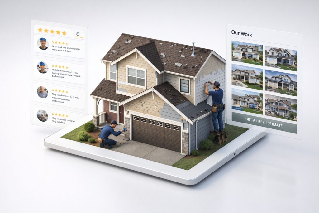 Exterior contractor repairing hail damage on home siding with website features like 5-star reviews and portfolio images displayed