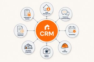 CRM software for contractors showing how lead management, estimates, customer communication, scheduling, job tracking, invoices, project photos, and home visualization connect through a central customer relationship management platform.