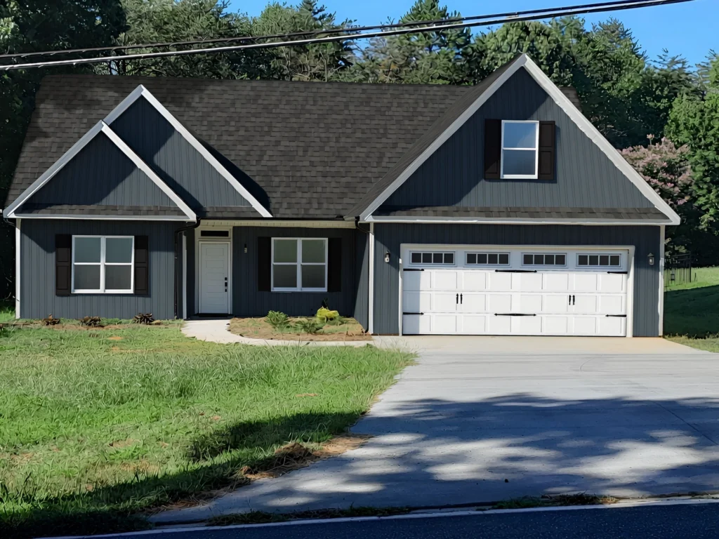 The same house visualized with dark siding and new products