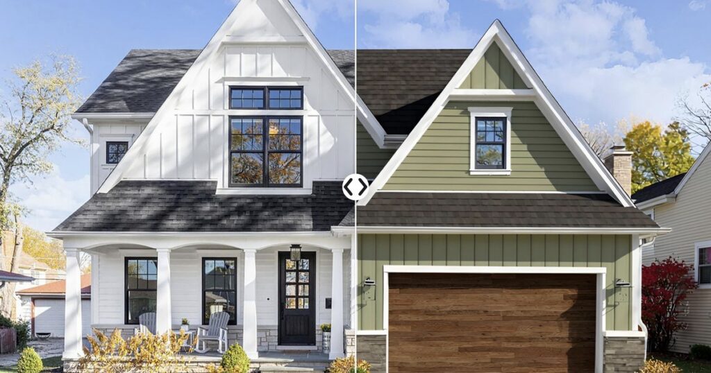 Before and after of a home exterior visualized with Renoworks, white siding on the left and green siding on the right