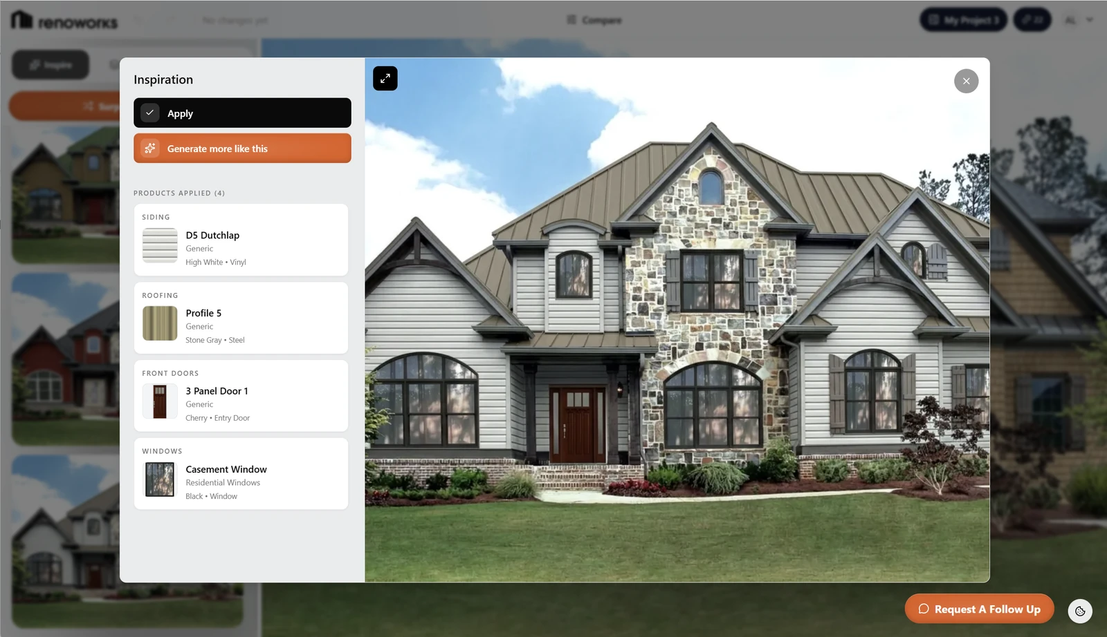 Renoworks.ai design inspiration panel, listing the products applied to the home