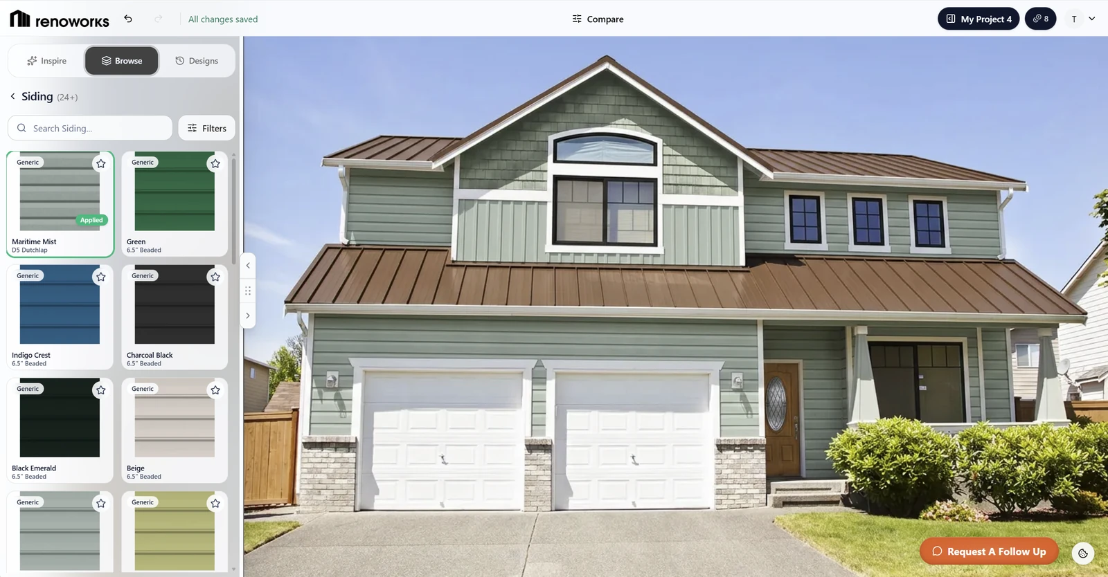 Renoworks.ai siding product browser, with a color applied to the home