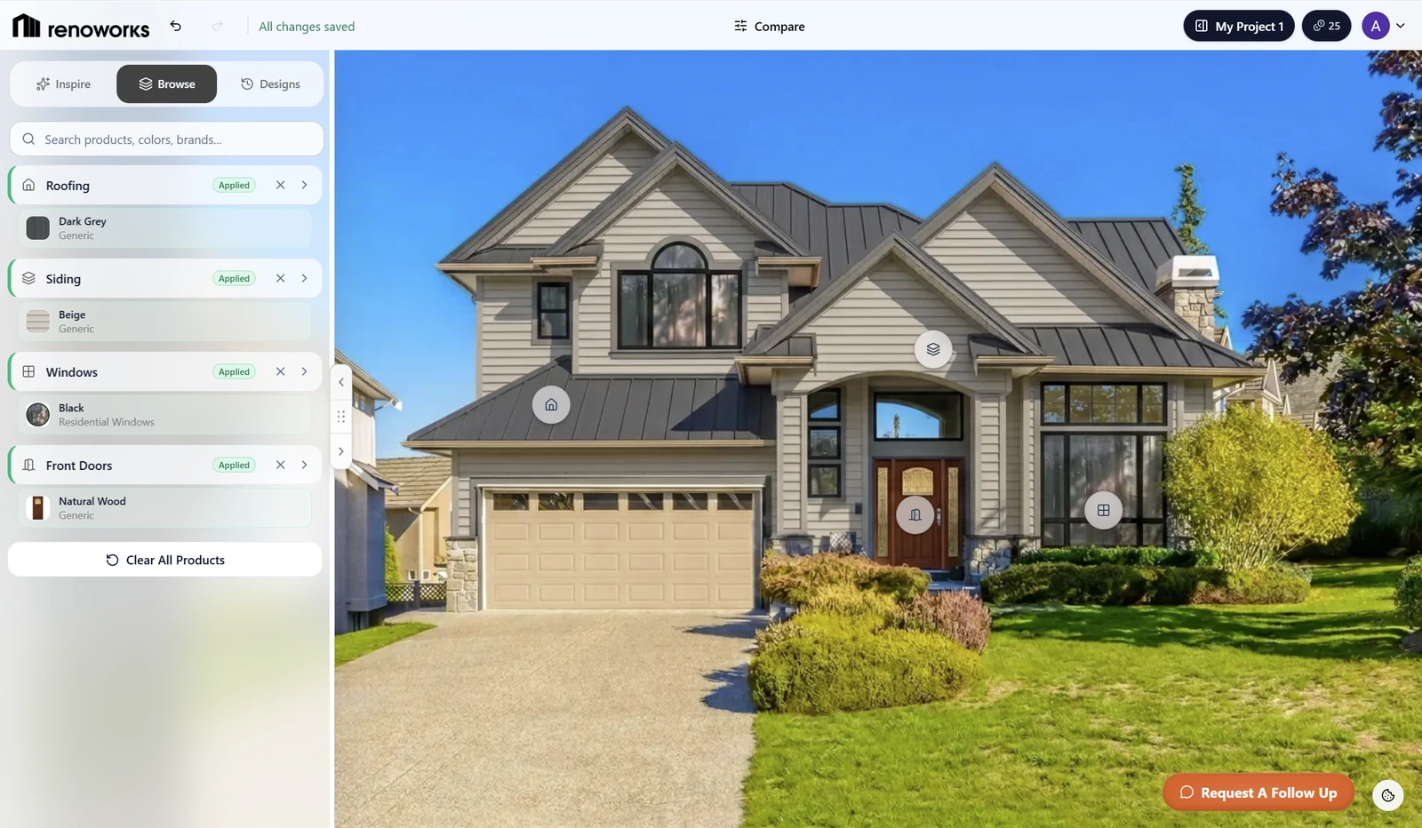 Renoworks.ai design workspace with the product panel and a photoreal home exterior