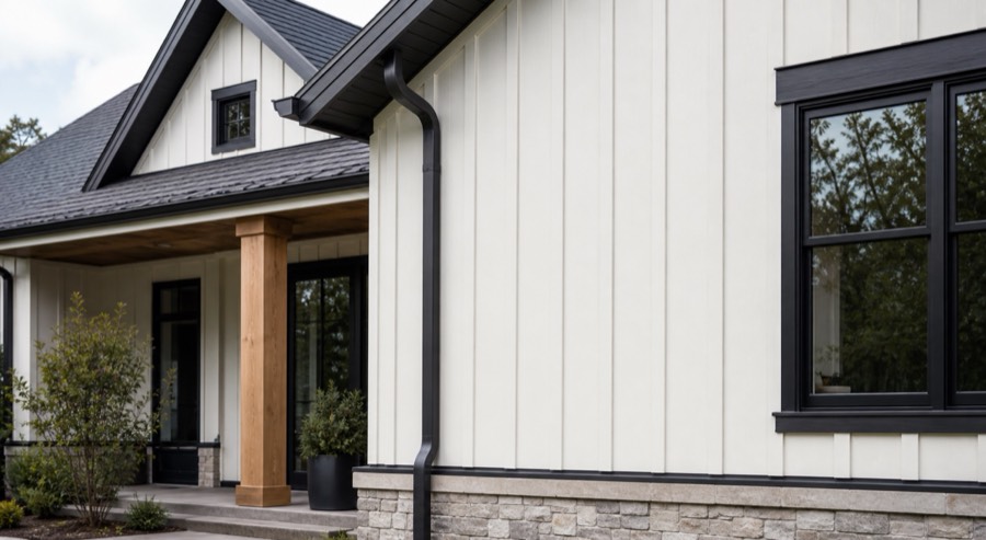 A close view of cream board and batten siding with black trim and a stone base.