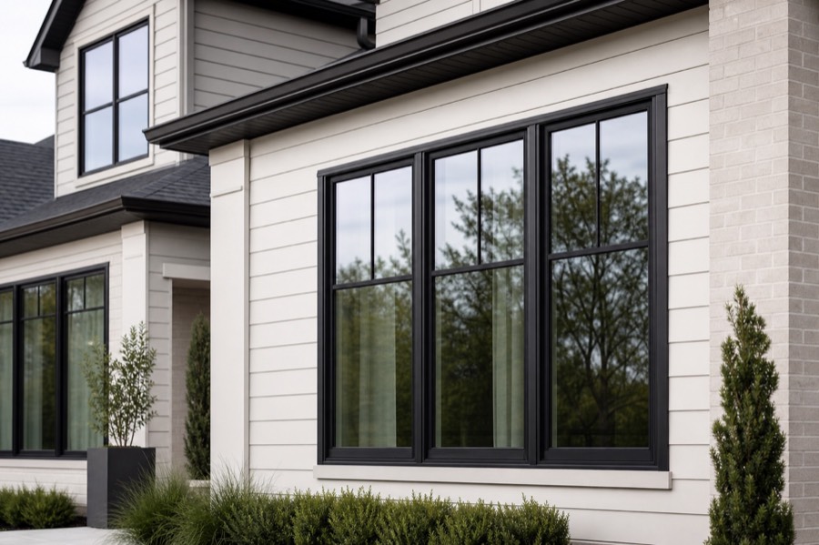 A close view of a black framed window set into cream siding.